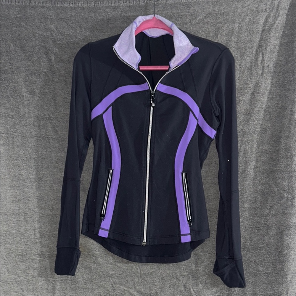 Black and Purple Athletic Jacket with High Collar and Full Zipper